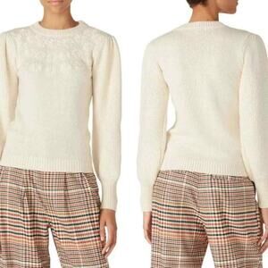 LOUNA Ivory Embroidered Puff Sleeve Floral Chunky Knit Sweater Size Small